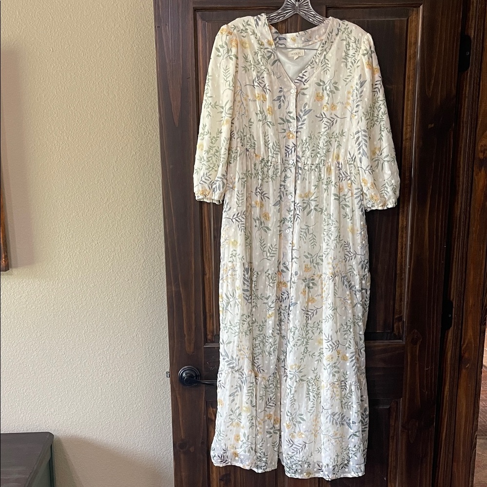 Roolee Embroidered Fully Lined Floral V-Neck Cream Maxi Dress with Puff Sleeves